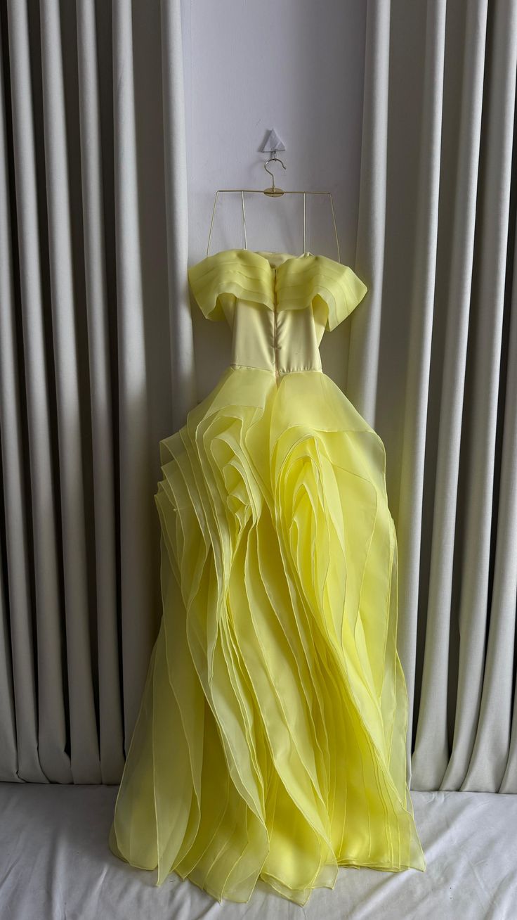 Classy A Line Off The Shoulder Yellow Satin Tulle Without Sleeves Long Prom Dress, Evening Dress C6485