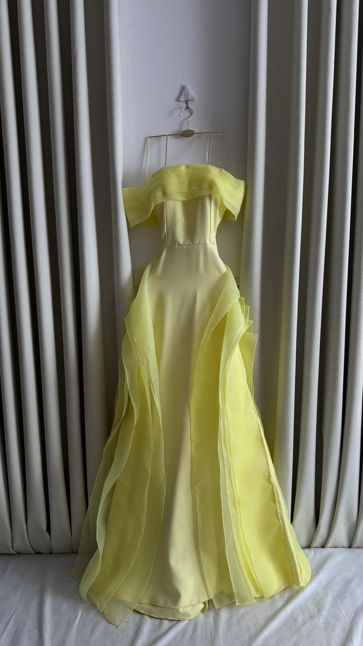 Classy A Line Off The Shoulder Yellow Satin Tulle Without Sleeves Long Prom Dress, Evening Dress C6485