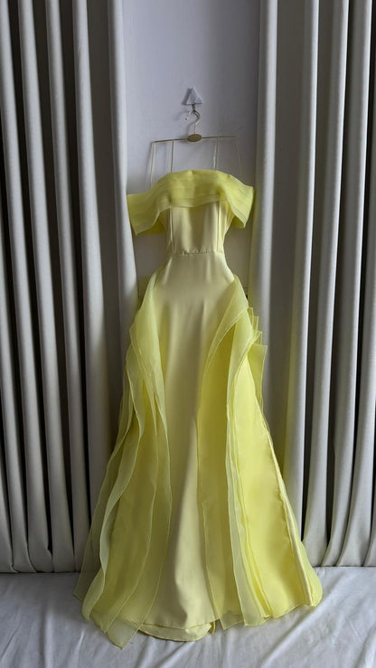 Classy A Line Off The Shoulder Yellow Satin Tulle Without Sleeves Long Prom Dress, Evening Dress C6485