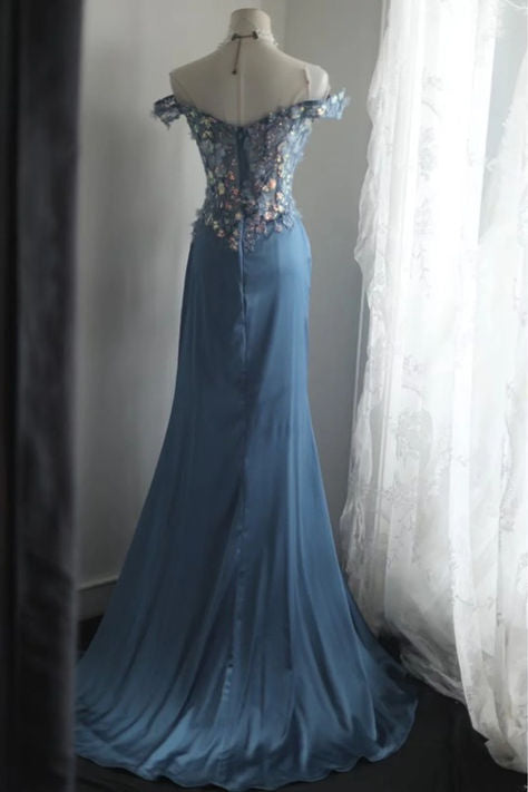 Pretty Mermaid Off The Shoulder Satin Floral Applique Slit Without Sleeves Long Prom Dress, Evening Dress C6488