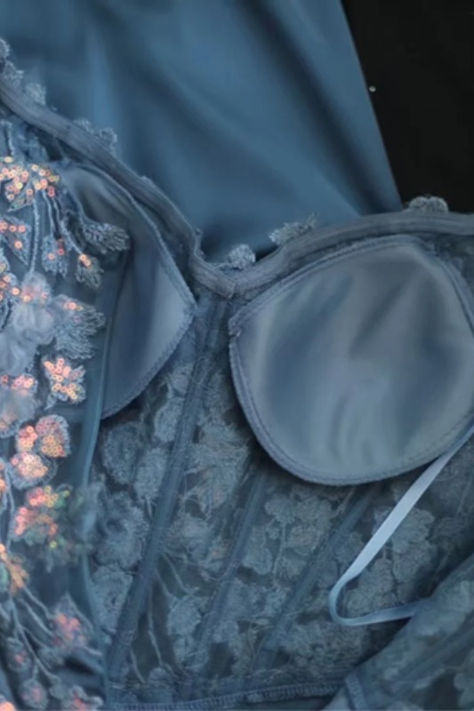 Pretty Mermaid Off The Shoulder Satin Floral Applique Slit Without Sleeves Long Prom Dress, Evening Dress C6488