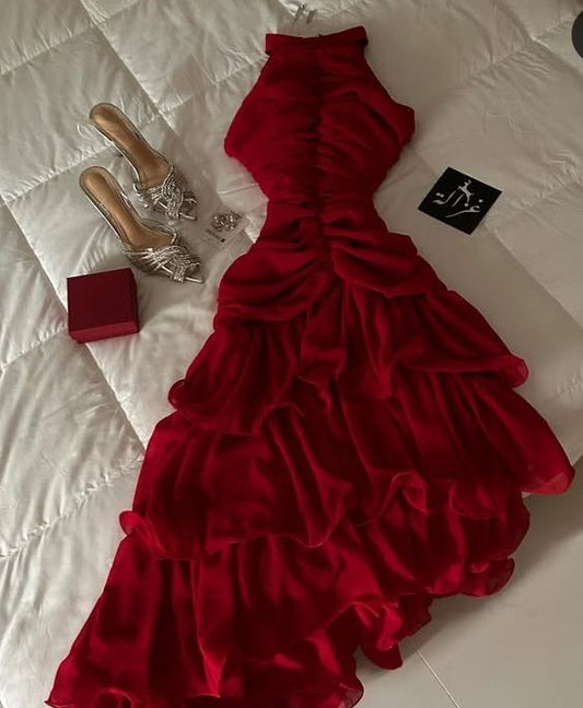 Elegant Burgundy A Line Halter Pleated Chiffon Without Sleeves Long Prom Dress, Evening Dress C6489