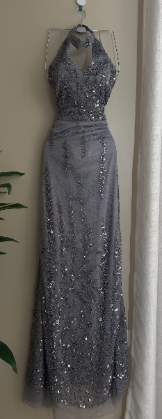 Shiny Gray Mermaid Halter Tulle Sequin Without Sleeves Long Prom Dress, Evening Dress C6490