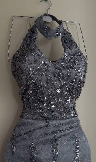 Shiny Gray Mermaid Halter Tulle Sequin Without Sleeves Long Prom Dress, Evening Dress C6490