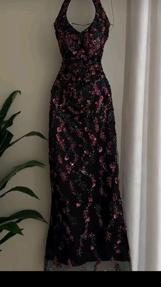 Gorgeous Mermaid Halter Satin Sequin Beaded Without Sleeves Long Prom Dress, Evening Dress C6491