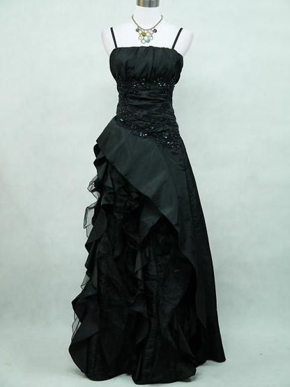 Pretty Black A Line Spaghetti Straps Satin Sequin Without Sleeves Long Prom Dress, Evening Dress C6499