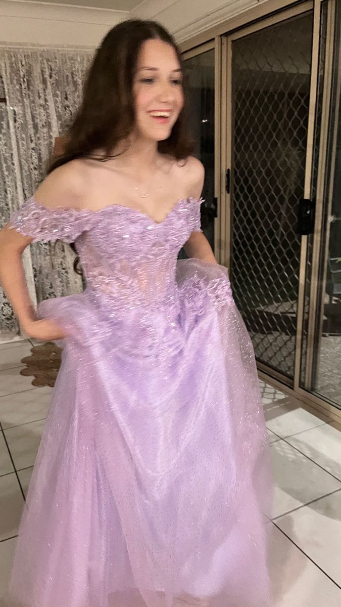 Lilac A Line Off The Shoulder Tulle Lace Sqeuin Without Sleeves Long Prom Dress, Evening Dress C6500