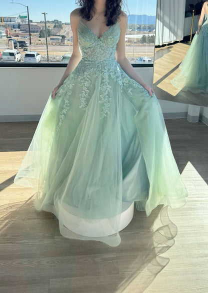Mint Green A Line Spaghetti Straps Tulle Lace Without Sleeves Long Prom Dress, Evening Dress C6501