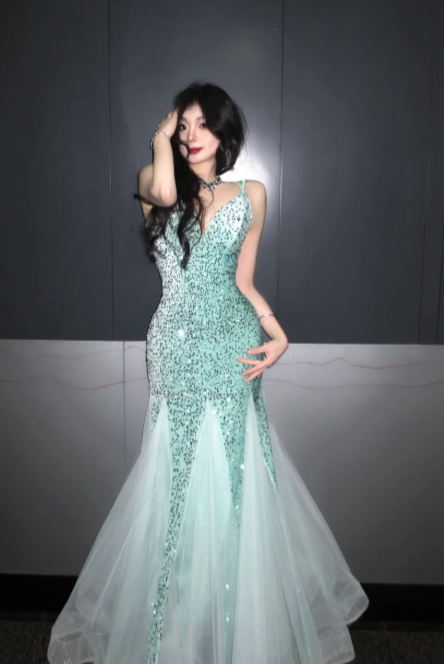 Shiny Mint Green Mermaid Spaghetti Straps Tulle Sequin Without Sleeves Long Prom Dress, Evening Dress C6504