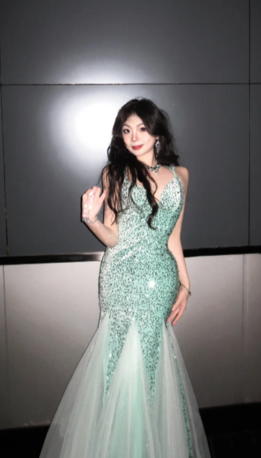 Shiny Mint Green Mermaid Spaghetti Straps Tulle Sequin Without Sleeves Long Prom Dress, Evening Dress C6504