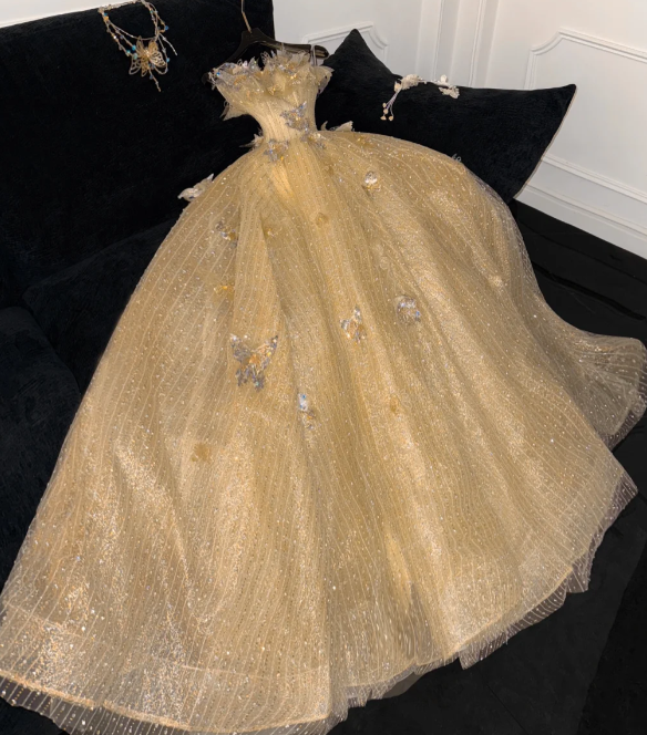 Princess A Line Strapless Tulle Sequin Beaded Without Sleeves Long Prom Dress, Evening Dress C6505