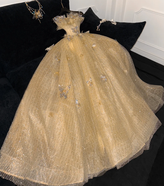 Princess A Line Strapless Tulle Sequin Beaded Without Sleeves Long Prom Dress, Evening Dress C6505