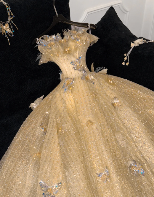 Princess A Line Strapless Tulle Sequin Beaded Without Sleeves Long Prom Dress, Evening Dress C6505