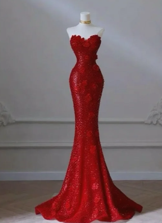 Charming Red Mermaid Sweetheart Satin Sequin Without Sleeves Long Prom Dress, Evening Dress C6508