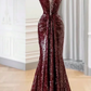 Dark Burgundy Mermaid Halter Sequin Without Sleeves Long Prom Dress, Evening Dress C6509