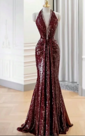 Dark Burgundy Mermaid Halter Sequin Without Sleeves Long Prom Dress, Evening Dress C6509