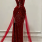 Sexy Halter Burgundy Mermaid Tulle Sequin Slit Without Sleeves Long Prom Dress, Evening Dress C6510