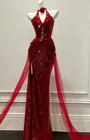 Sexy Halter Burgundy Mermaid Tulle Sequin Slit Without Sleeves Long Prom Dress, Evening Dress C6510