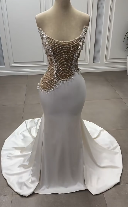 Chic Gorgeous Mermaid Strapless Satin Beaded Without Sleeves Long Prom Dress, Evening Dress C6511