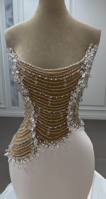 Chic Gorgeous Mermaid Strapless Satin Beaded Without Sleeves Long Prom Dress, Evening Dress C6511