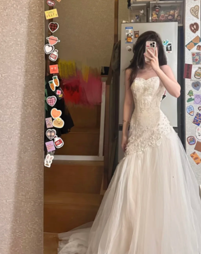 Elegant Mermaid Strapless Tulle Beaded Without Sleeves Long Prom Dress, Evening Dress C6512