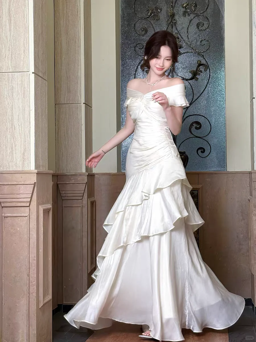 Classy Mermaid Off The Shoulder Tiered Satin Without Sleeves Long Prom Dress, Evening Dress C6513