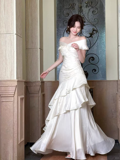Classy Mermaid Off The Shoulder Tiered Satin Without Sleeves Long Prom Dress, Evening Dress C6513