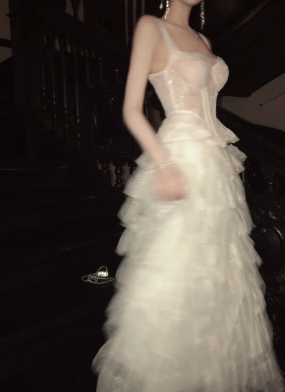 Pretty A Line Sweetheart Satin Tiered Tulle Without Sleeves Long Prom Dress, Evening Dress C6515