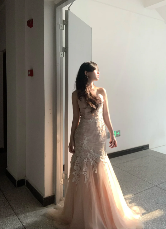 Elegant Mermaid Strapless Tulle Lace Without Sleeves Long Prom Dress, Evening Dress C6517