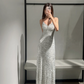 Sparkly Silver Mermaid Spaghetti Straps Sequin Without Sleeves Long Prom Dress, Evening Dress C6518