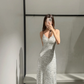 Sparkly Silver Mermaid Spaghetti Straps Sequin Without Sleeves Long Prom Dress, Evening Dress C6518
