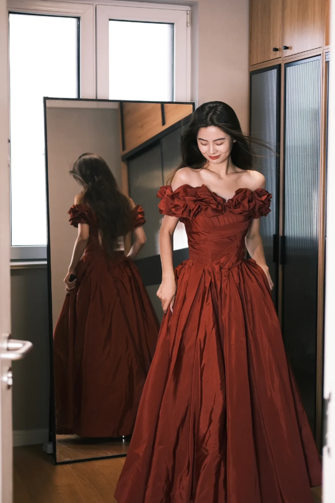 Retro Rust Red A Line Off The Shoulder Satin Without Sleeves Long Prom Dress, Evening Dress C6519