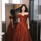 Retro Rust Red A Line Off The Shoulder Satin Without Sleeves Long Prom Dress, Evening Dress C6519