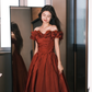 Retro Rust Red A Line Off The Shoulder Satin Without Sleeves Long Prom Dress, Evening Dress C6519