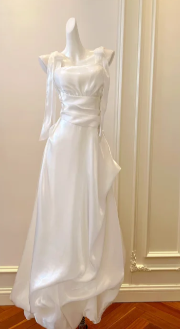 White A Line Square Satin Without Sleeves Long Prom Dress, Evening Dress C6520
