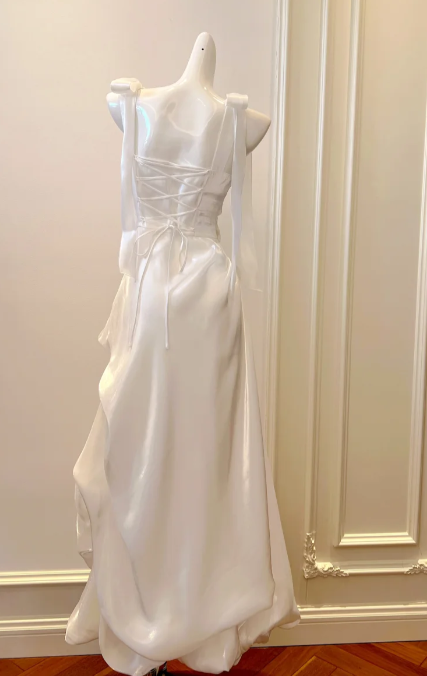 White A Line Square Satin Without Sleeves Long Prom Dress, Evening Dress C6520