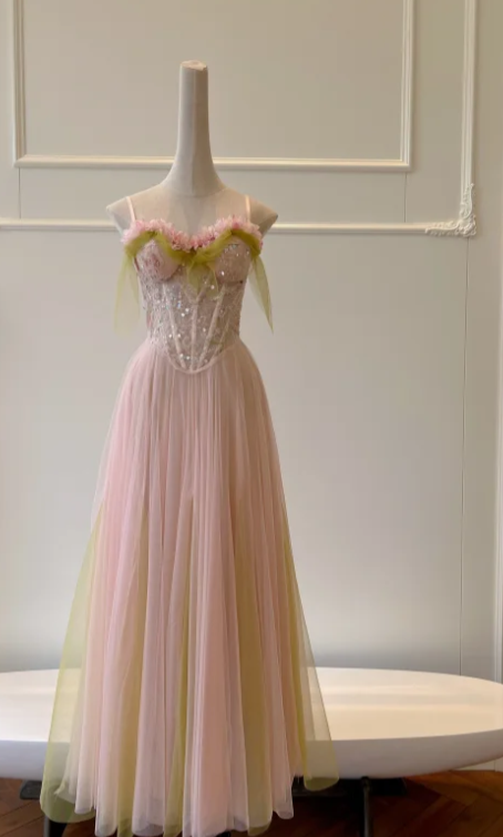 Pretty A Line Spaghetti Straps Tulle Sequin Without Sleeves Long Prom Dress, Evening Dress C6521