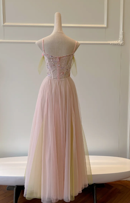 Pretty A Line Spaghetti Straps Tulle Sequin Without Sleeves Long Prom Dress, Evening Dress C6521