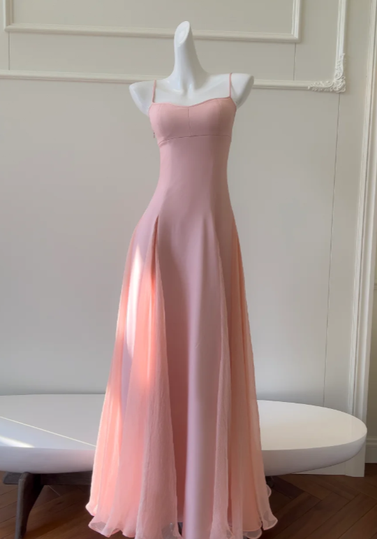 Elegant A Line Spaghetti Straps Satin Chiffon Without Sleeves Long Prom Dress, Evening Dress C6522