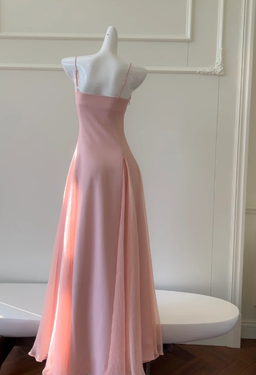 Elegant A Line Spaghetti Straps Satin Chiffon Without Sleeves Long Prom Dress, Evening Dress C6522