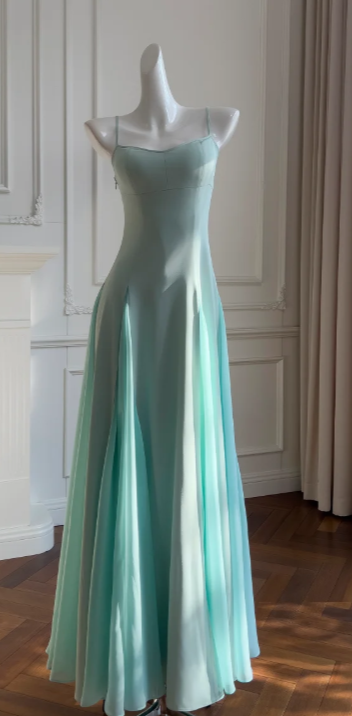 Elegant A Line Spaghetti Straps Satin Chiffon Without Sleeves Long Prom Dress, Evening Dress C6522