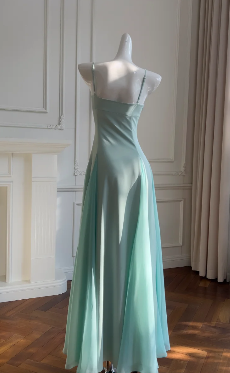 Elegant A Line Spaghetti Straps Satin Chiffon Without Sleeves Long Prom Dress, Evening Dress C6522