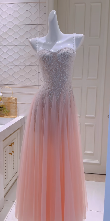 Sweet Style A Line Spaghetti Straps Tulle Sequin Without Sleeves Long Prom Dress, Evening Dress C6523