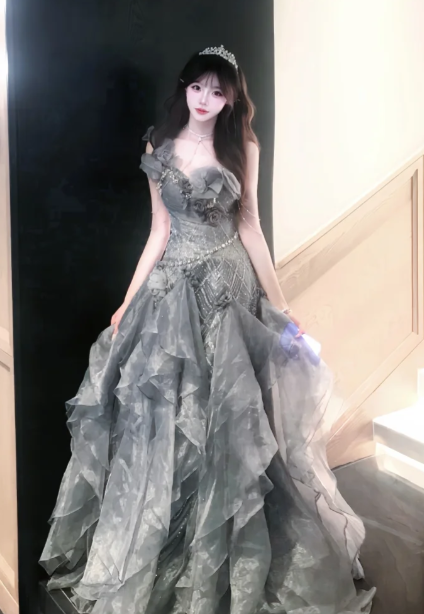 Gorgeous Ball Gown One Shoulder Chiffon Ruffles Sequin Without Sleeves Long Prom Dress, Evening Dress C6524