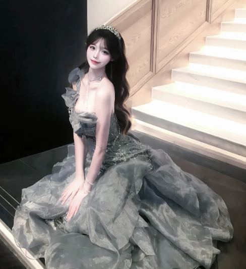 Gorgeous Ball Gown One Shoulder Chiffon Ruffles Sequin Without Sleeves Long Prom Dress, Evening Dress C6524