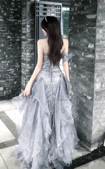 Gorgeous Ball Gown One Shoulder Chiffon Ruffles Sequin Without Sleeves Long Prom Dress, Evening Dress C6524