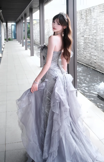 Gorgeous Ball Gown One Shoulder Chiffon Ruffles Sequin Without Sleeves Long Prom Dress, Evening Dress C6524