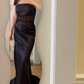Black Sexy Mermaid Strapless Pleated Satin Slit Without Sleeves Long Prom Dress, Evening Dress C6526