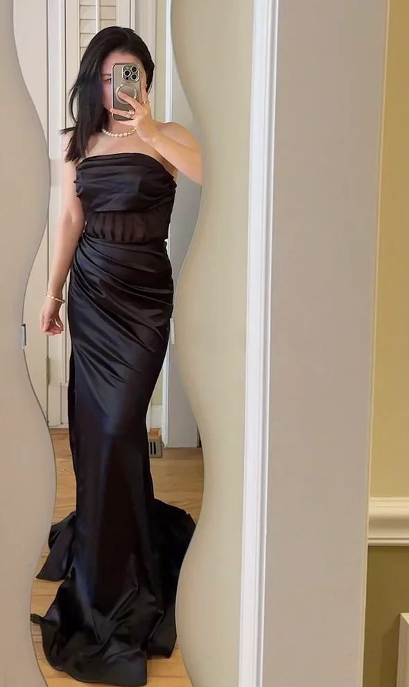 Black Sexy Mermaid Strapless Pleated Satin Slit Without Sleeves Long Prom Dress, Evening Dress C6526