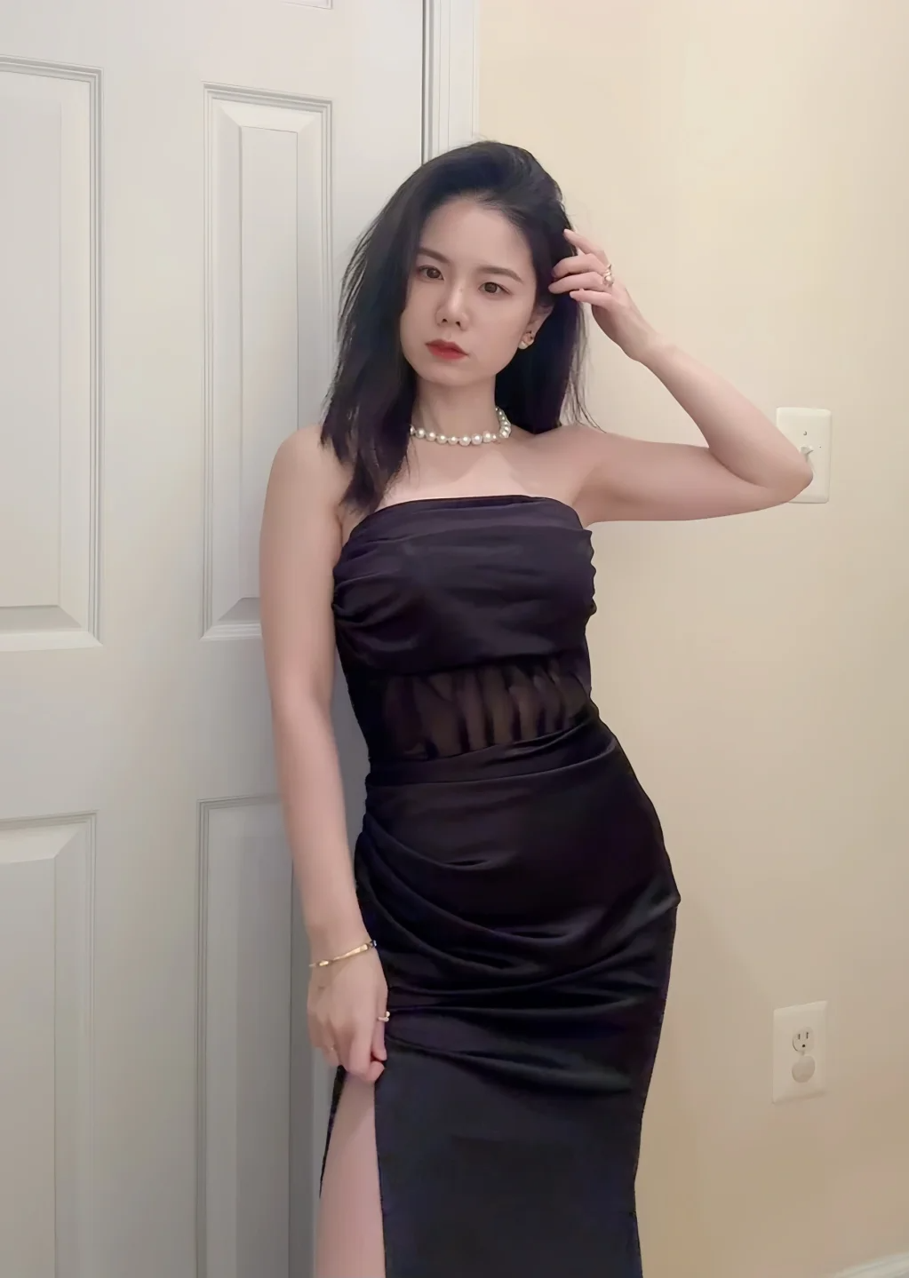 Black Sexy Mermaid Strapless Pleated Satin Slit Without Sleeves Long Prom Dress, Evening Dress C6526